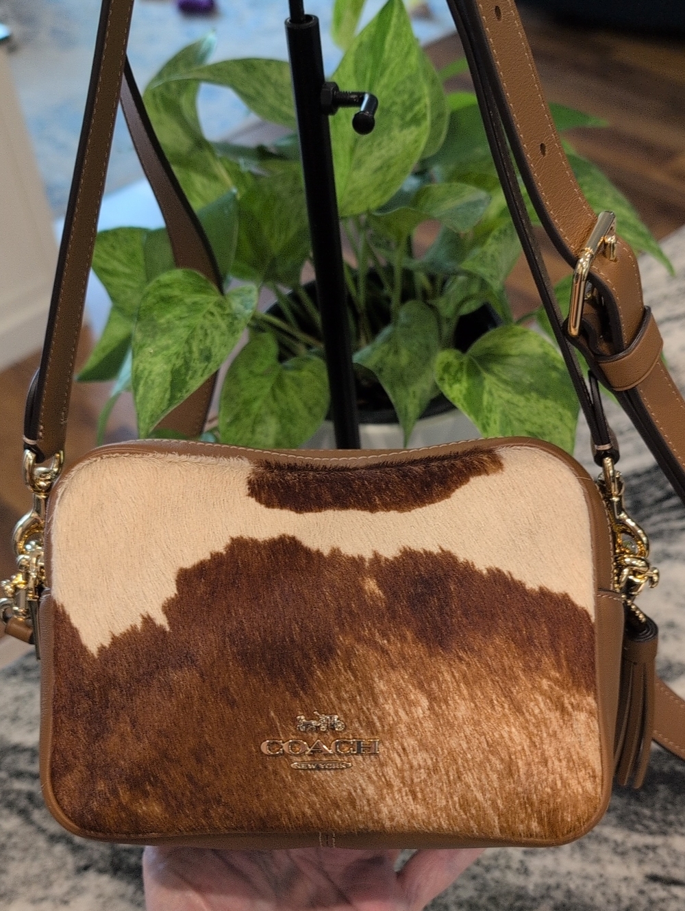 Coach Brown and Cream Cowhide Crossbody Camera Bag